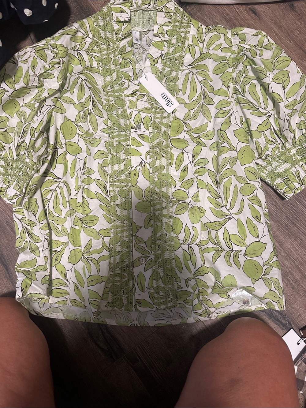 glam White Blouse with Light Green Leaf Print and Smocked Details